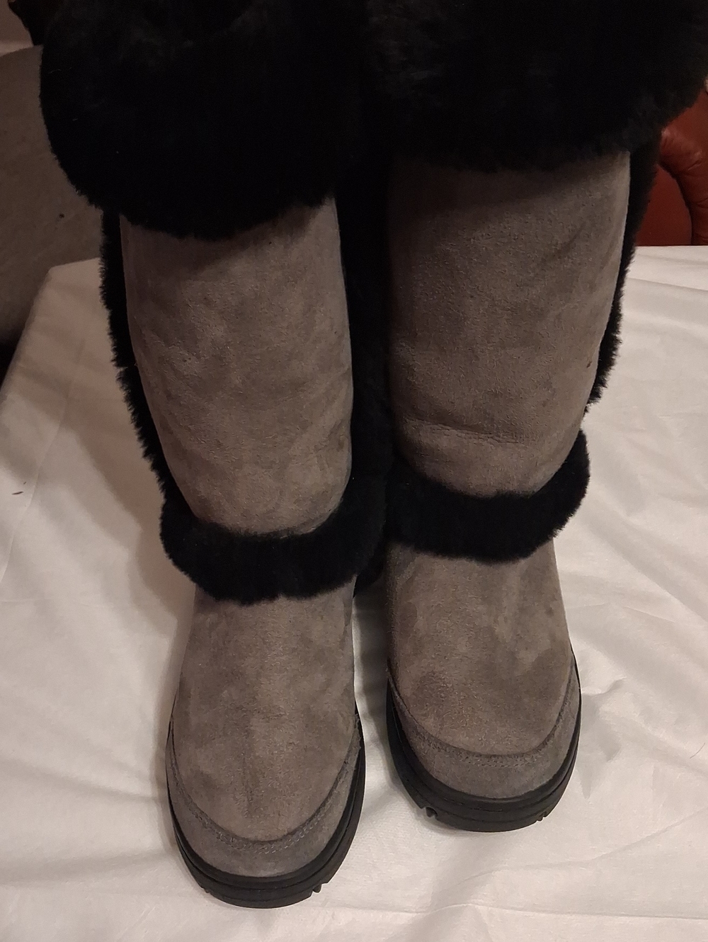 UGGS Gray Suede Tall Winter Boots with Black Fur Trim